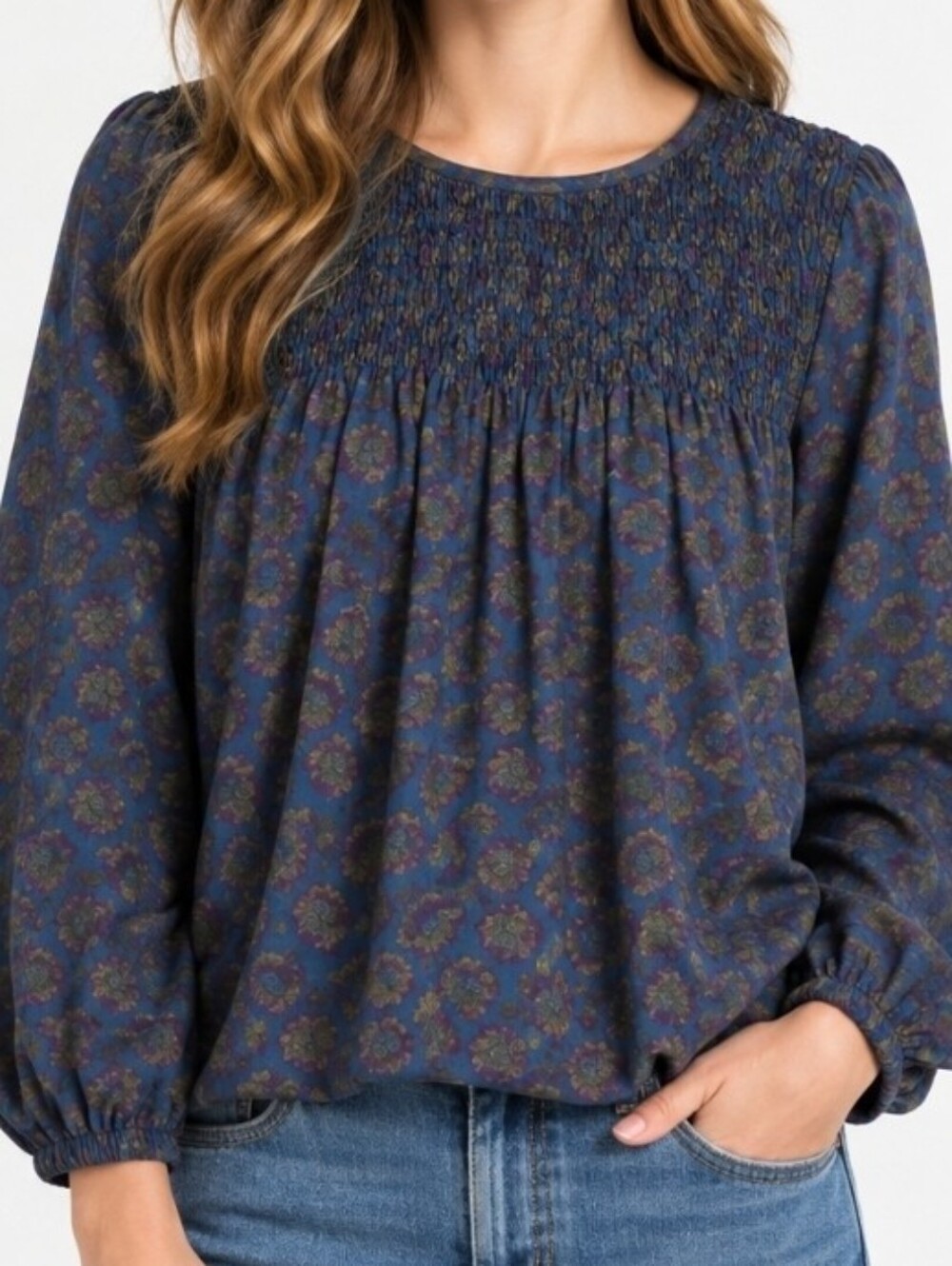LOFT Blue Floral Print Smocked Yoke Roundneck Long Sleeve Pullover Blouse